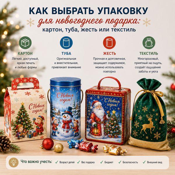 Как выбрать упаковку для новогоднего подарка: картон, туба, жесть или текстиль